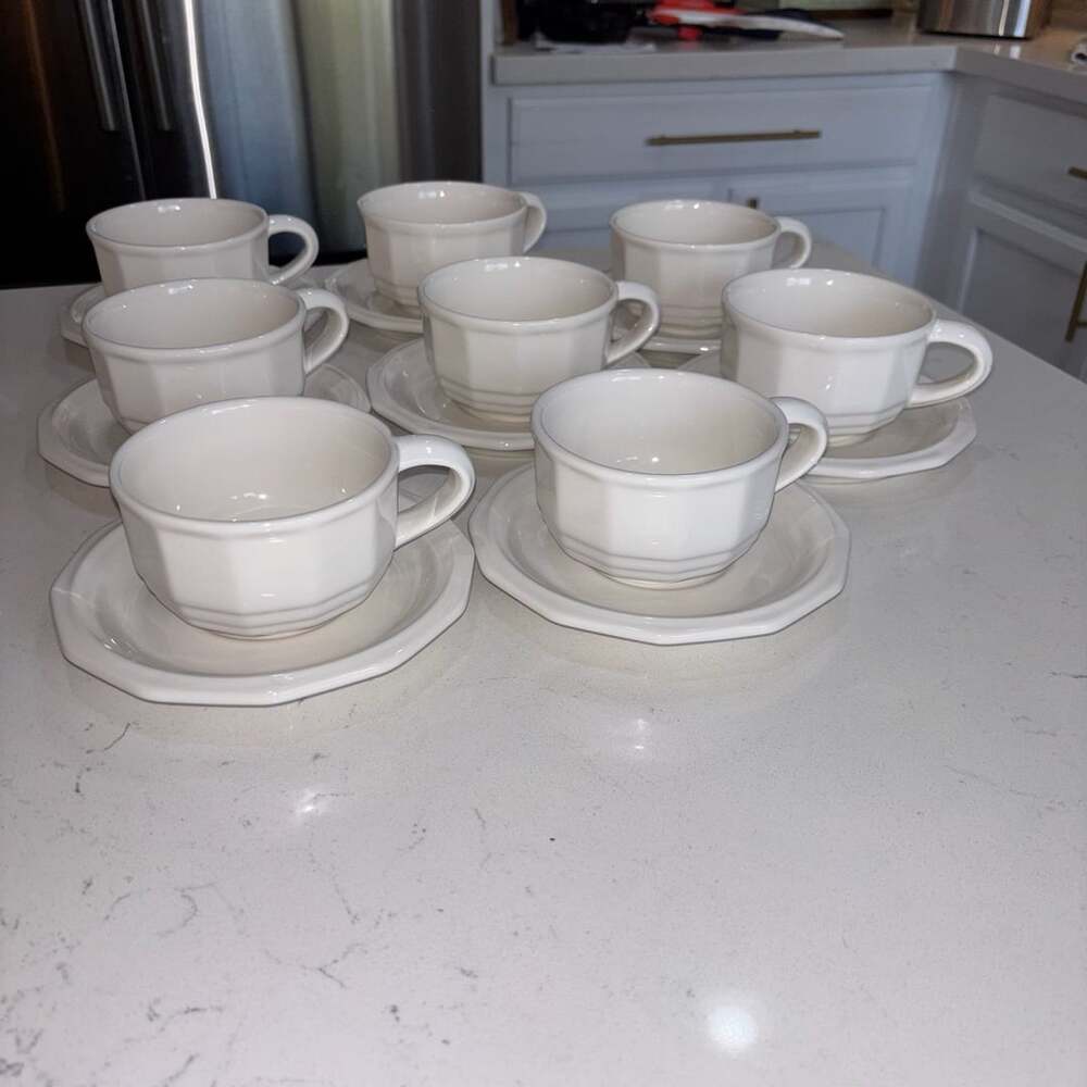 Vintage Pfaltzgraff Heritage White Teacup and Saucer Set of 8 Each